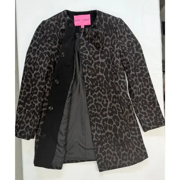 Betsey Johnson Wool Blend Coat Leopard Print Bow Neckline XS Glam - Picture 3 of 12